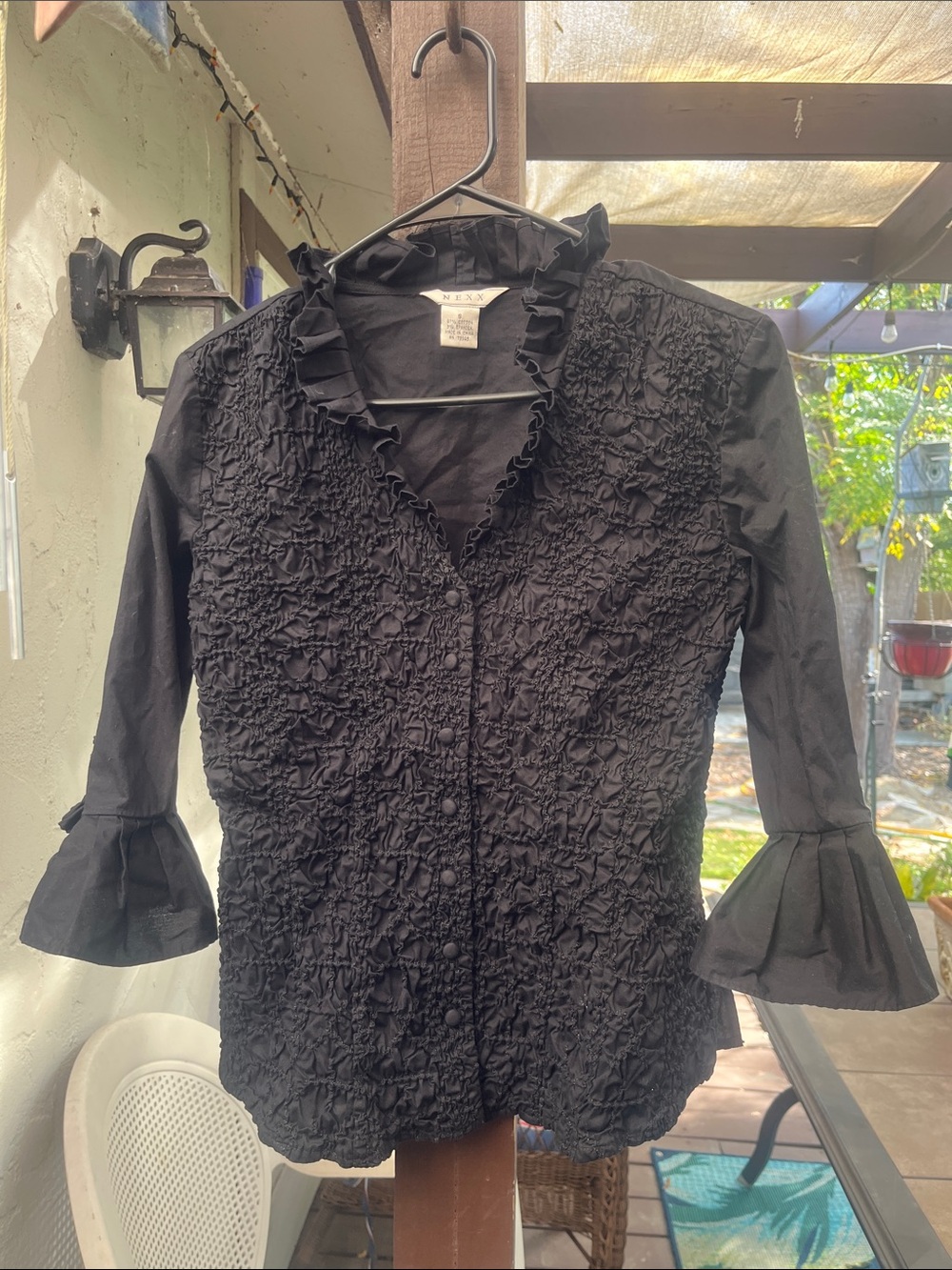 Nexx Vtg Y2K Black Crinkle Ruffle Blouse Flare Cuff small, 18” p2p gothic EUC
